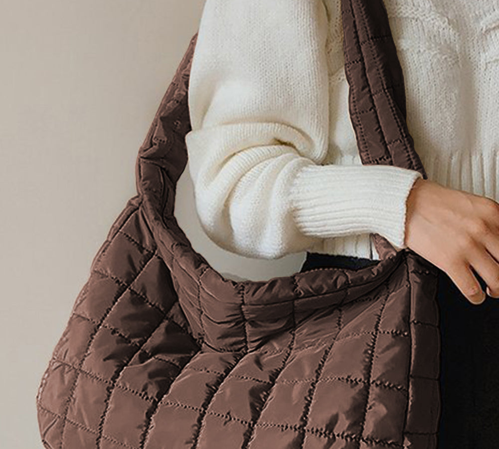 Beige Quilted Large Shoulder Bag