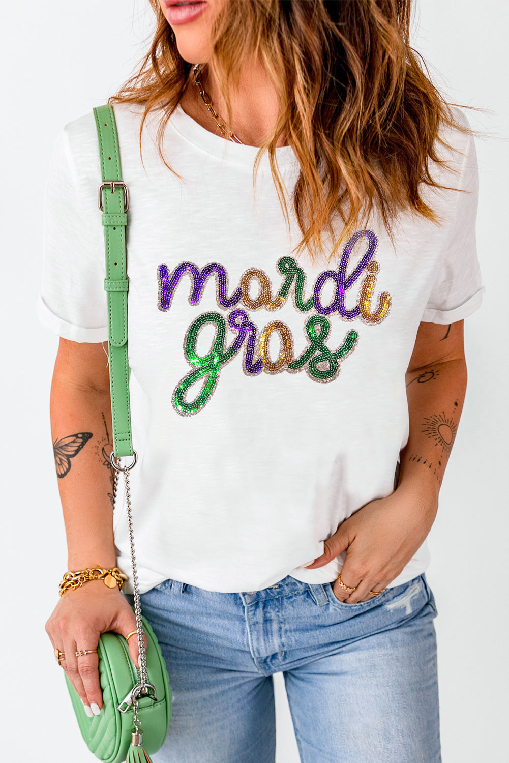 Stylish white tee with sequin Mardi Gras design perfect for parades