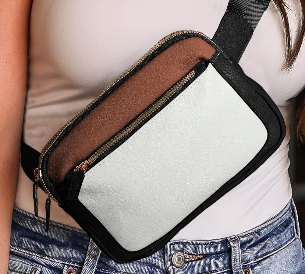 Trendy white crossbody bag featuring a unique color block pattern