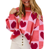 Pink Plus Size Heart Checkered Lantern Sleeve Sweater