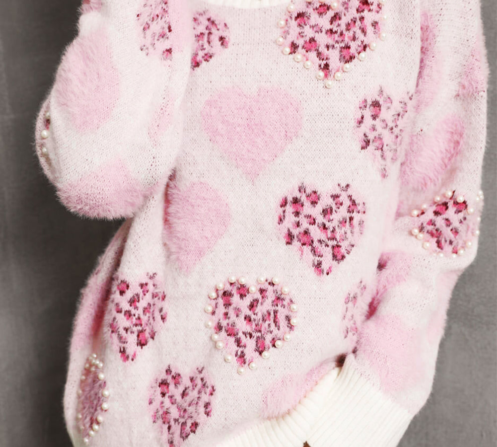 Trendy women’s pink heart leopard print sweater for casual wear