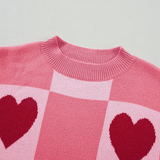 Pink Plus Size Heart Checkered Lantern Sleeve Sweater