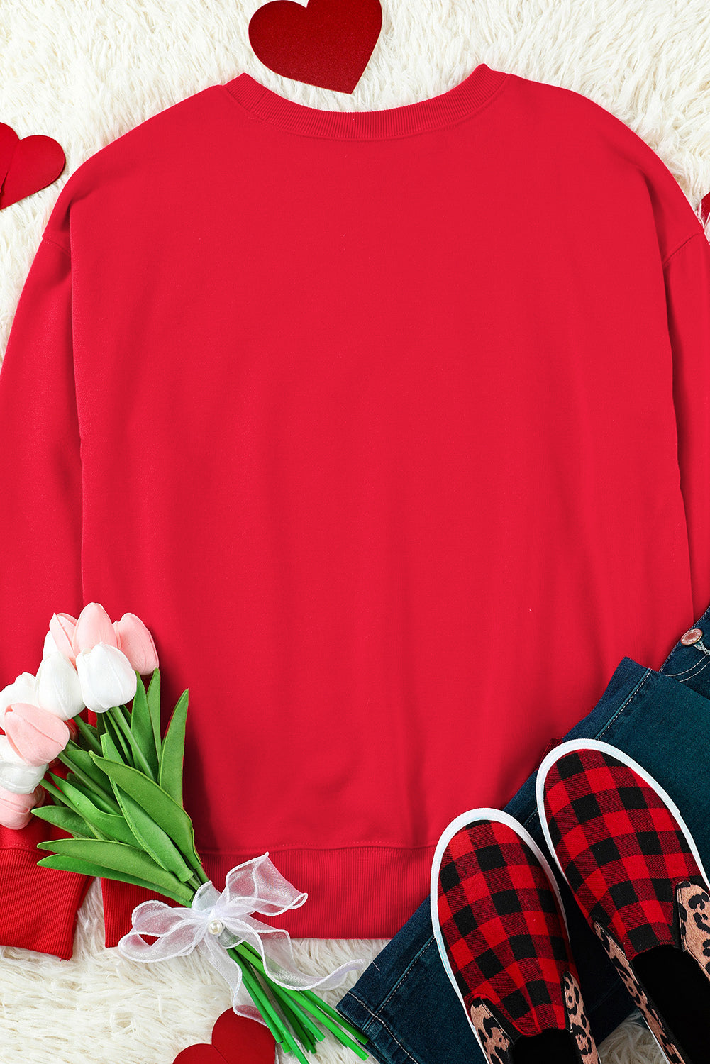 Red sweatshirt with heart and XOXO print for women