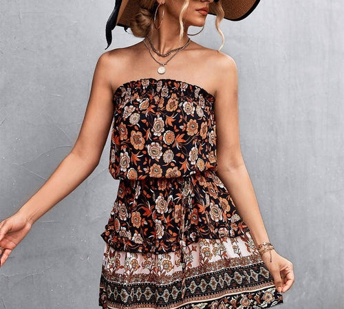 Women's Bohemian Floral Print Strapless Dress Summer Beach Dress