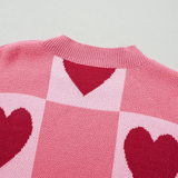 Pink Plus Size Heart Checkered Lantern Sleeve Sweater
