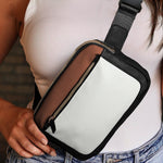 Elegant white color block bag with gold-tone hardware