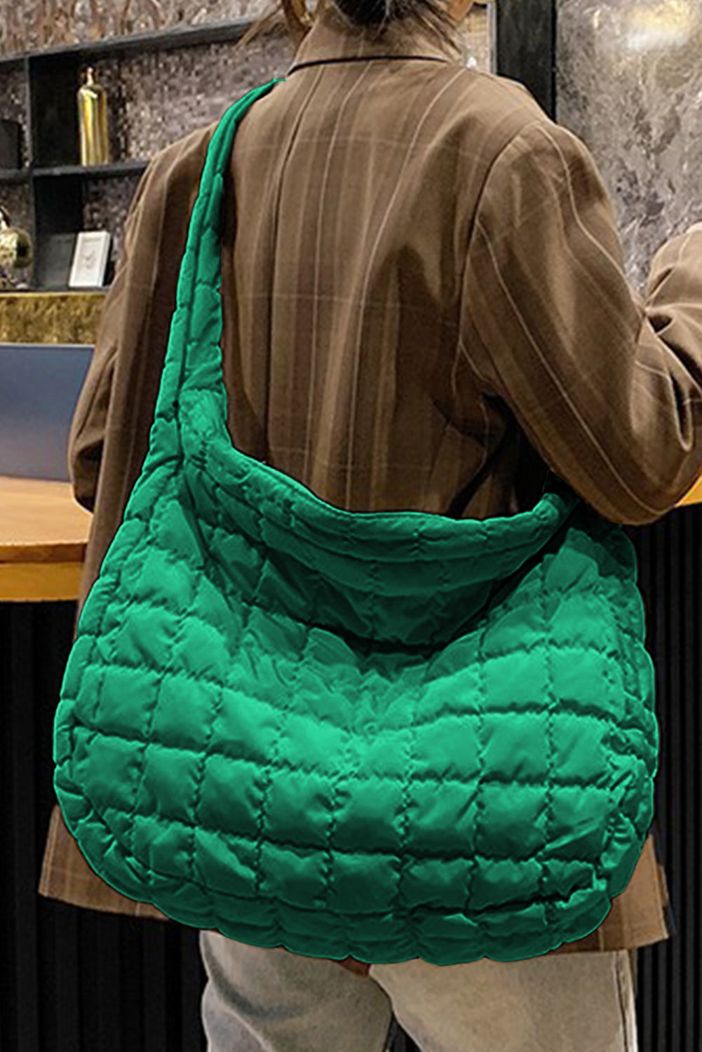 Beige Quilted Large Shoulder Bag