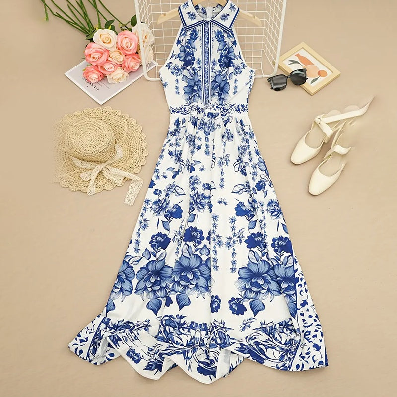 Women Summer Floral Print Halter Maxi Dress