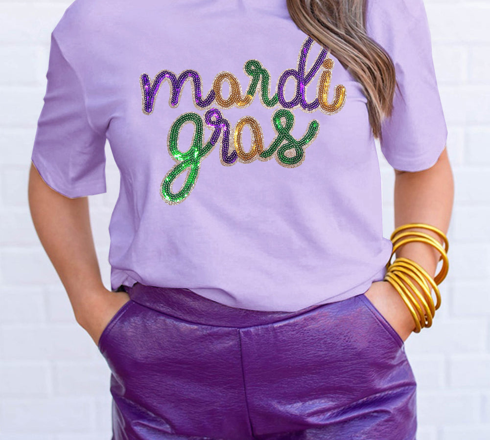 Sparkly white Mardi Gras tee with sequin detailing for a lively look