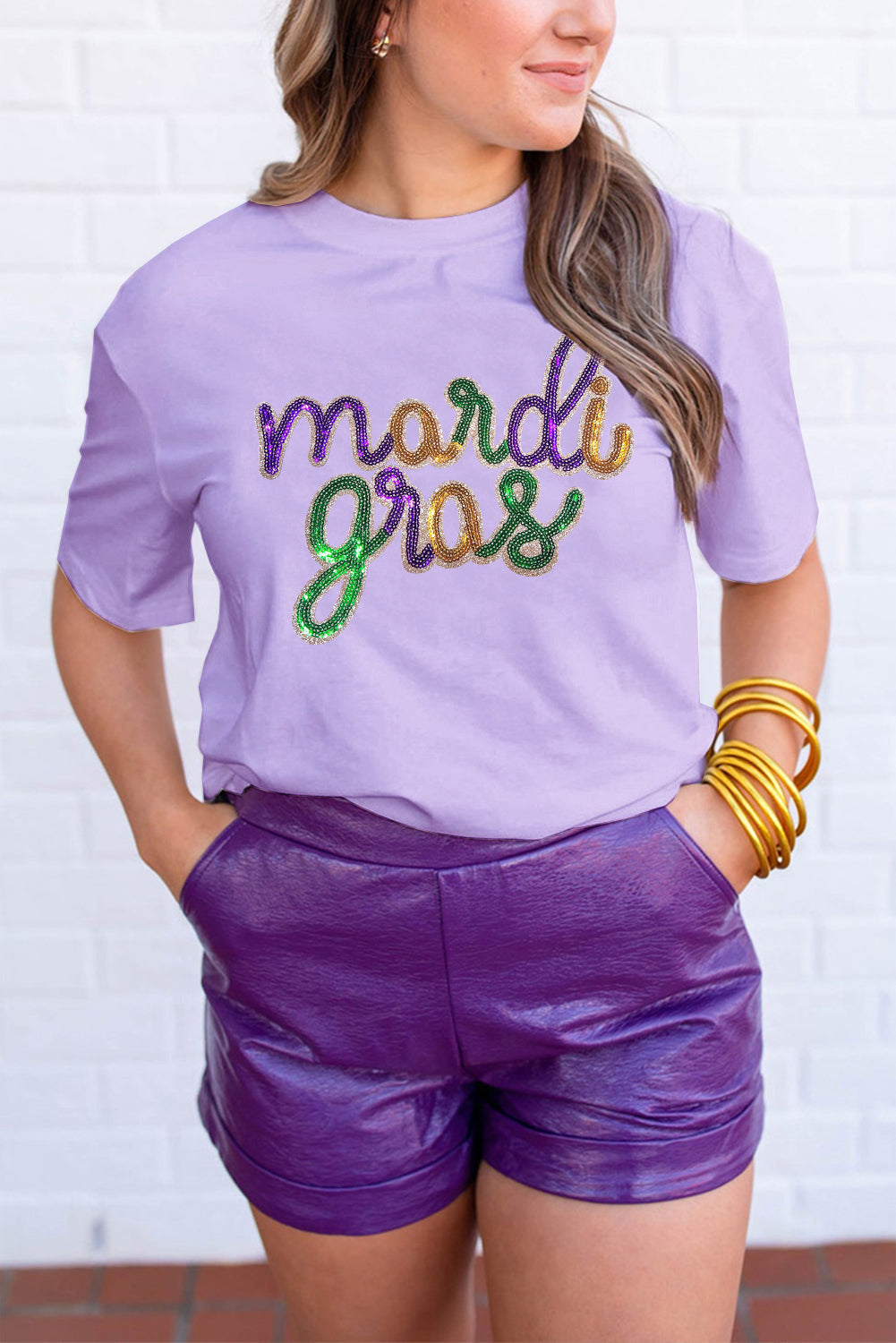 Sparkly white Mardi Gras tee with sequin detailing for a lively look