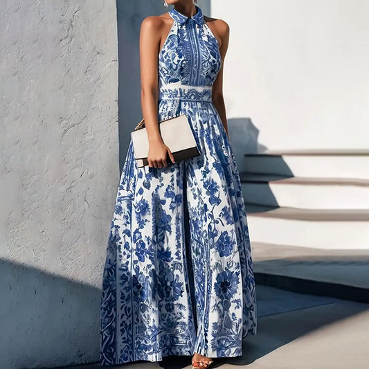 Women Summer Floral Print Halter Maxi Dress