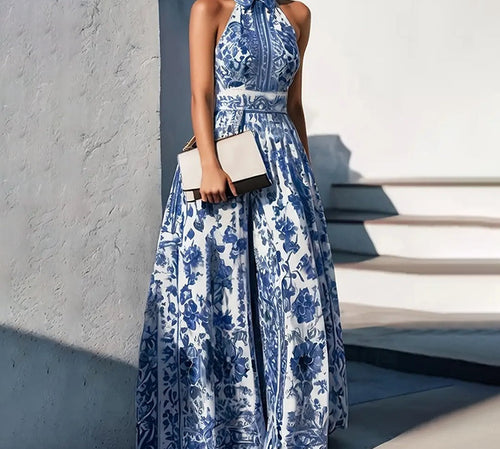 Women Summer Floral Print Halter Maxi Dress