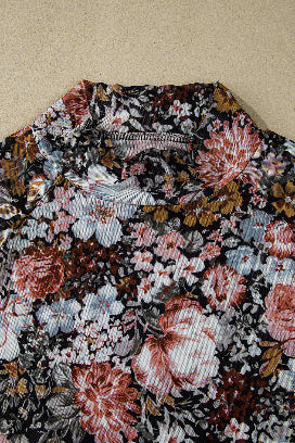 Brown Floral Mesh Mock Neck Top