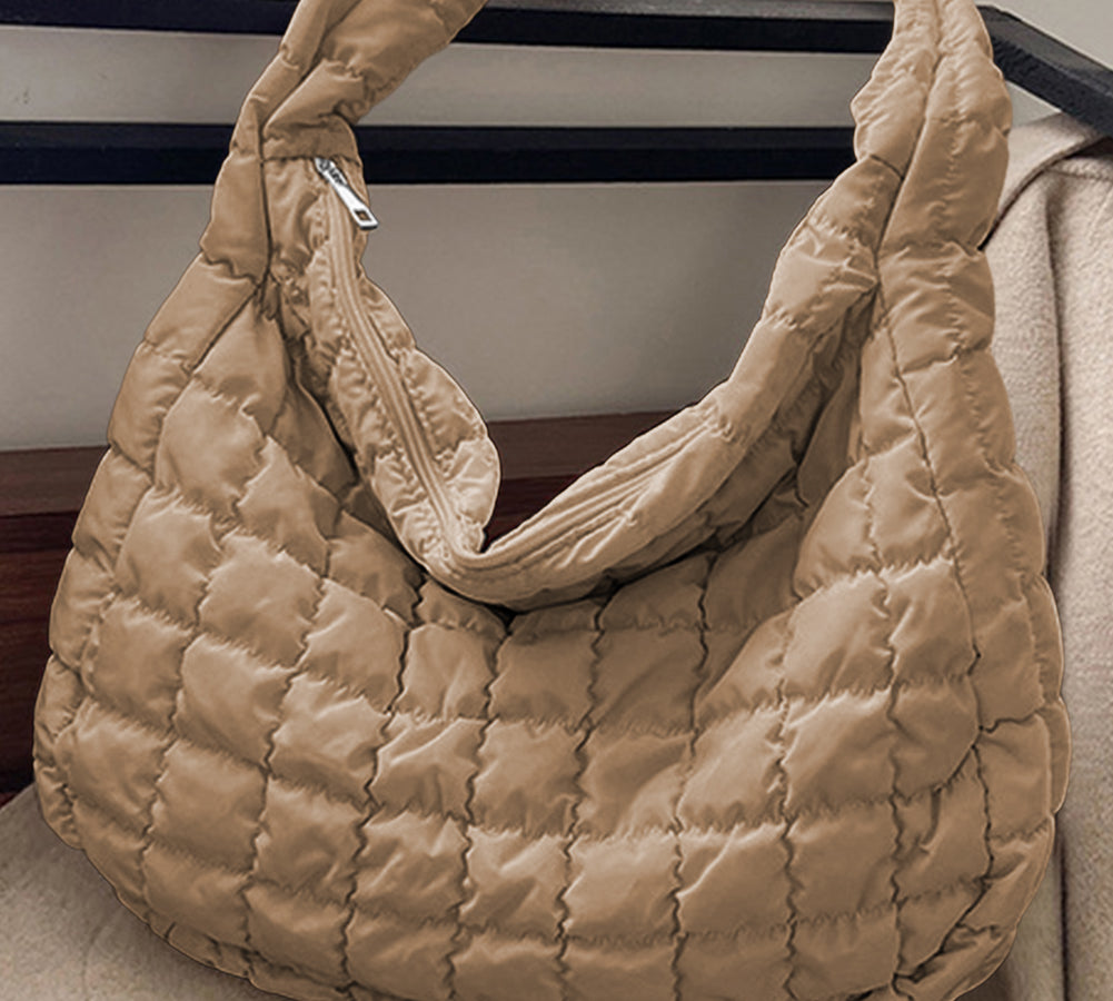 Chic beige quilted shoulder bag for a modern, fashionable look