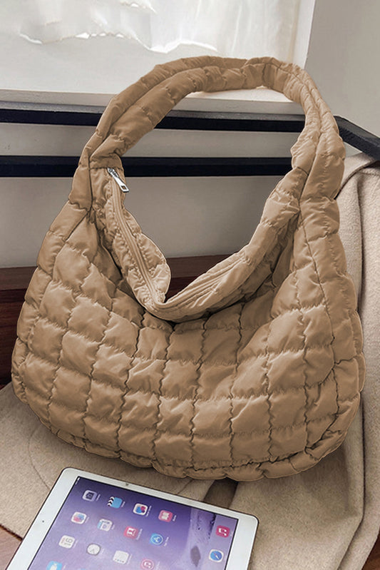 Chic beige quilted shoulder bag for a modern, fashionable look