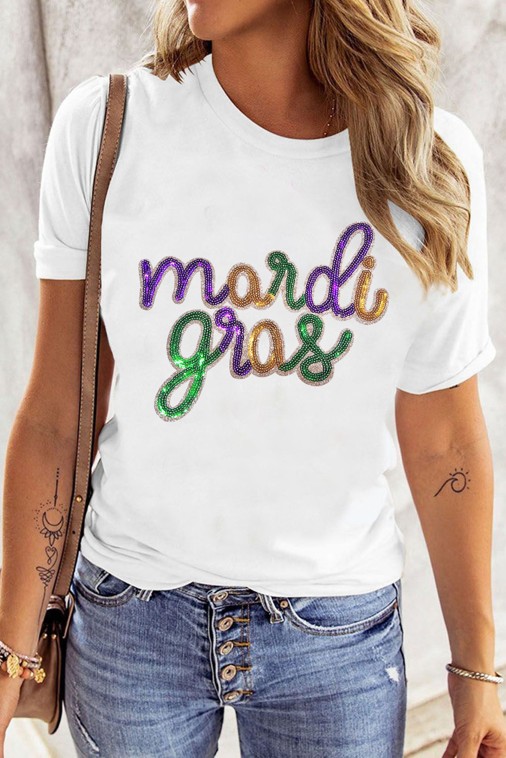 Stylish white tee with sequin Mardi Gras design perfect for parades