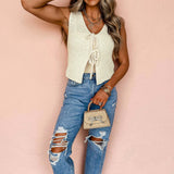 Beige Lace-up V Neck Sweater