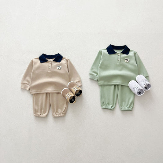Kids casual two-piece set with print polo top and pants