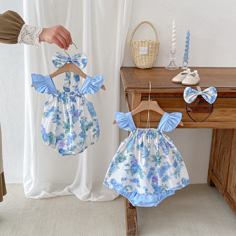 Summer Girls Flowers Pattern Sleeveless Strap Onesies And Clothing Set