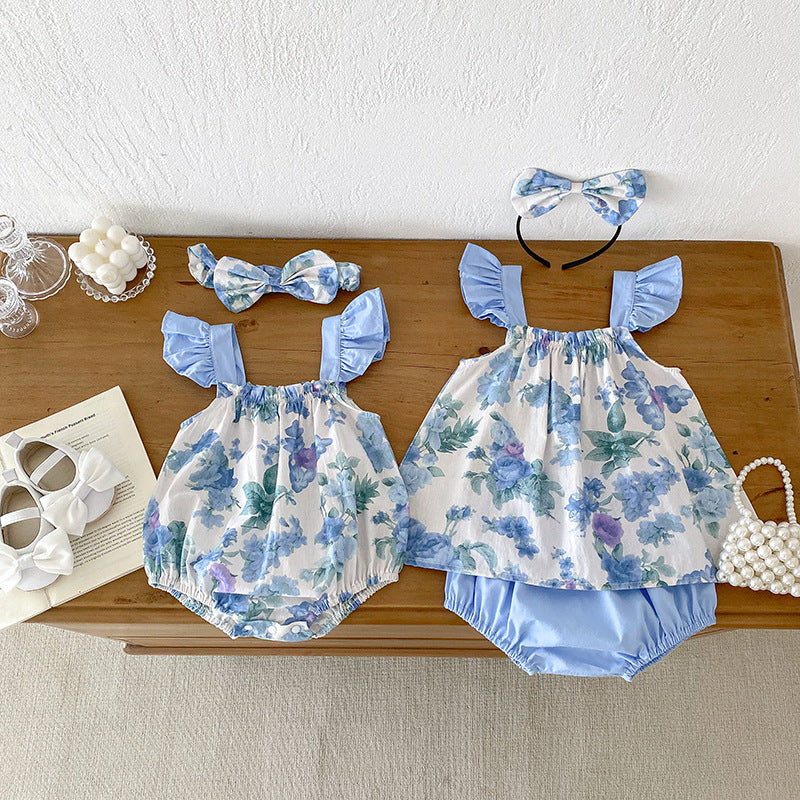 Summer Girls Flowers Pattern Sleeveless Strap Onesies And Clothing Set