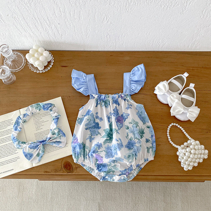 Summer Girls Flowers Pattern Sleeveless Strap Onesies And Clothing Set
