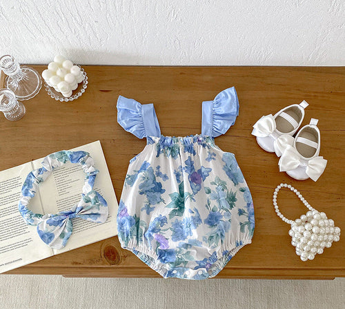 Summer Girls Flowers Pattern Sleeveless Strap Onesies And Clothing Set