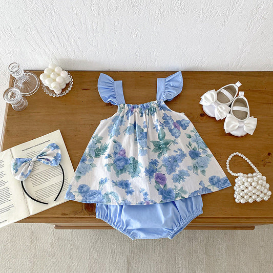 Summer Girls Flowers Pattern Sleeveless Strap Onesies And Clothing Set