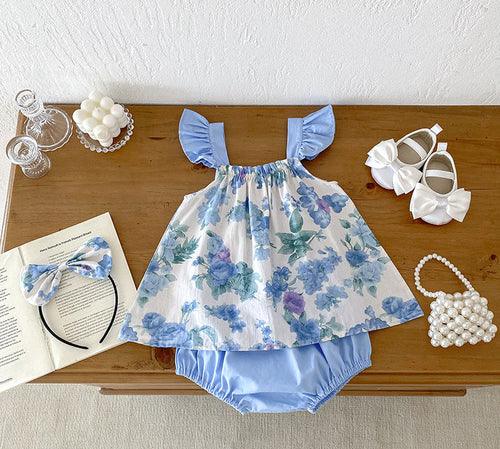 Summer Girls Flowers Pattern Sleeveless Strap Onesies And Clothing Set