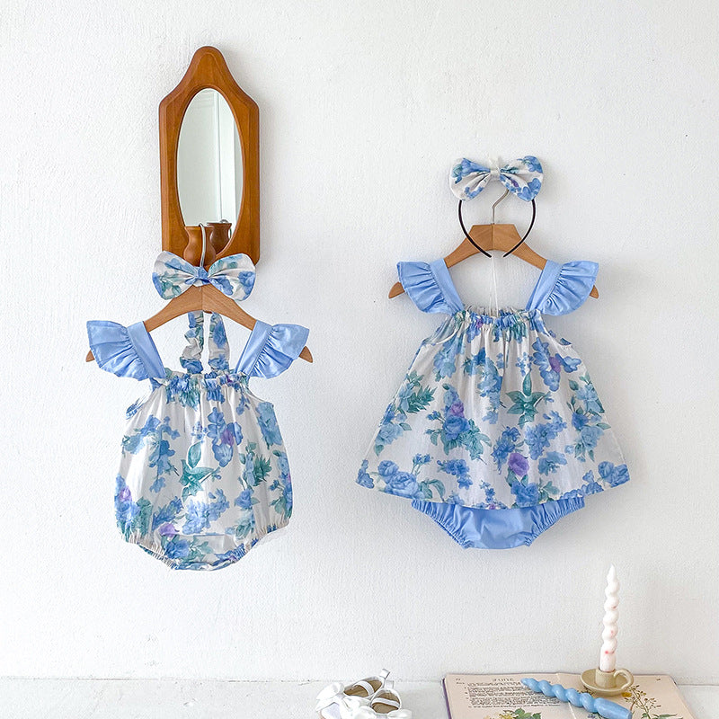 Summer Girls Flowers Pattern Sleeveless Strap Onesies And Clothing Set